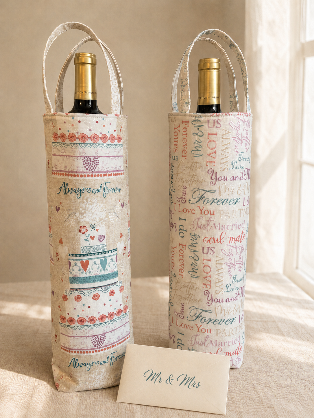 Always Handmade: Wedding Gift Wine Totes in Belle Brunner’s Always Fabric