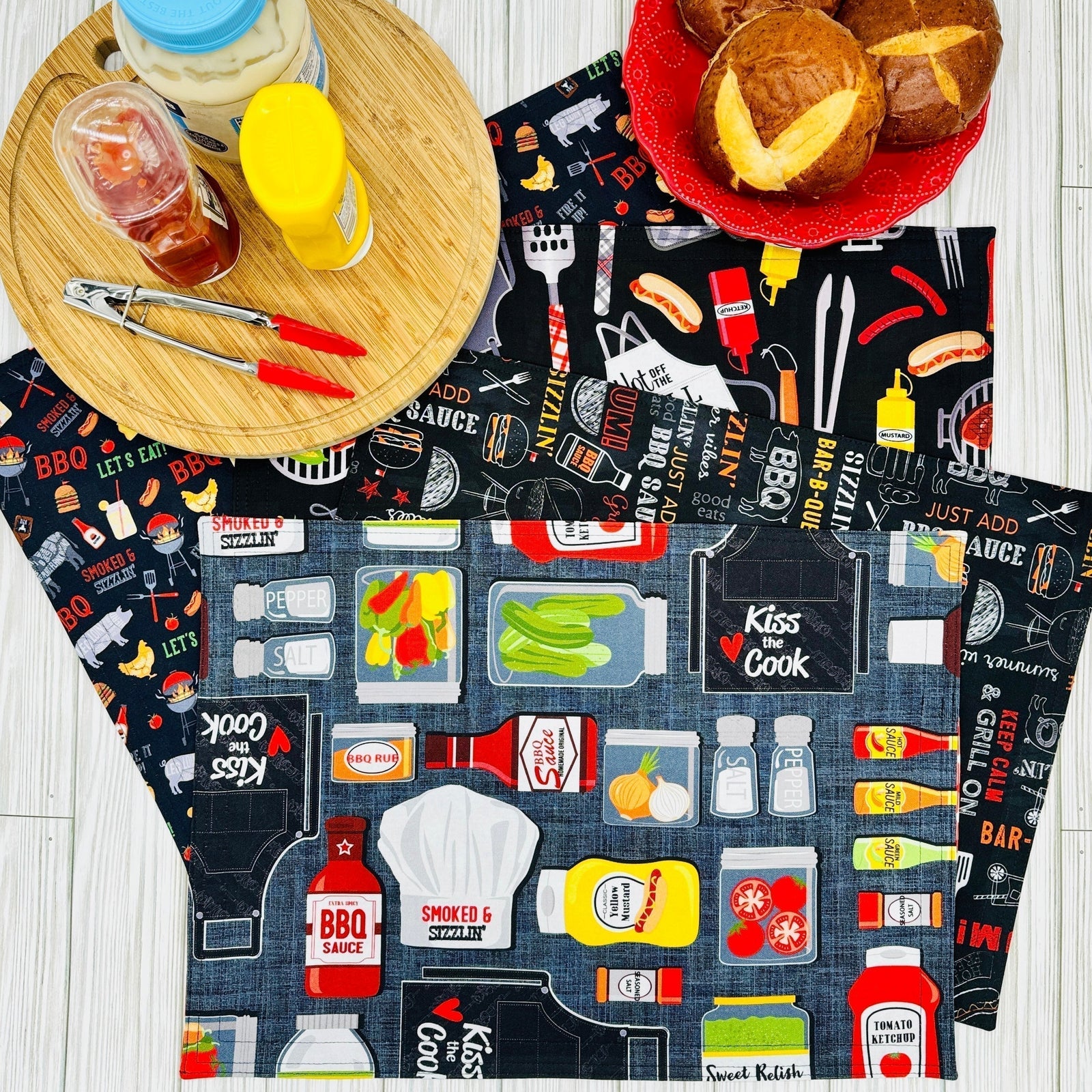 Colorful DIY placemat tutorial featuring fun food-themed fabrics and kitchen accessories
