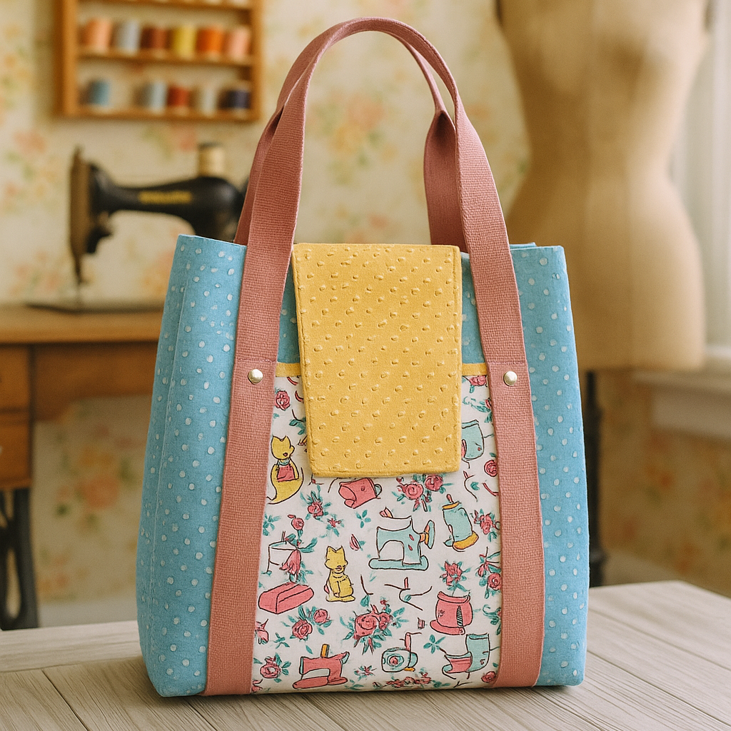 Handbag with floral pattern on a sewing table with a sewing machine in the background