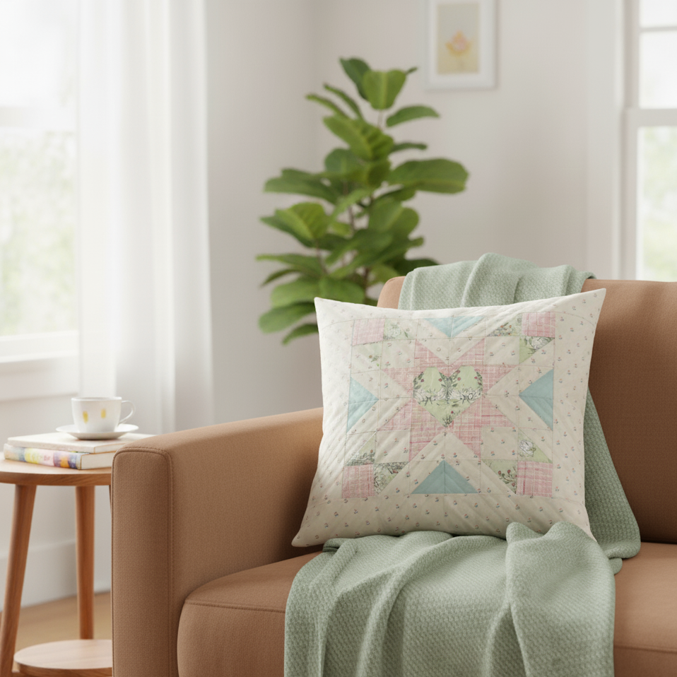Decorative pillow on a brown couch with a plant and small table in the background