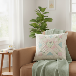 Decorative pillow on a brown couch with a plant and small table in the background