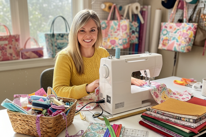 Woman sitting at a sewing machine in a craft room with various sewing supplies.