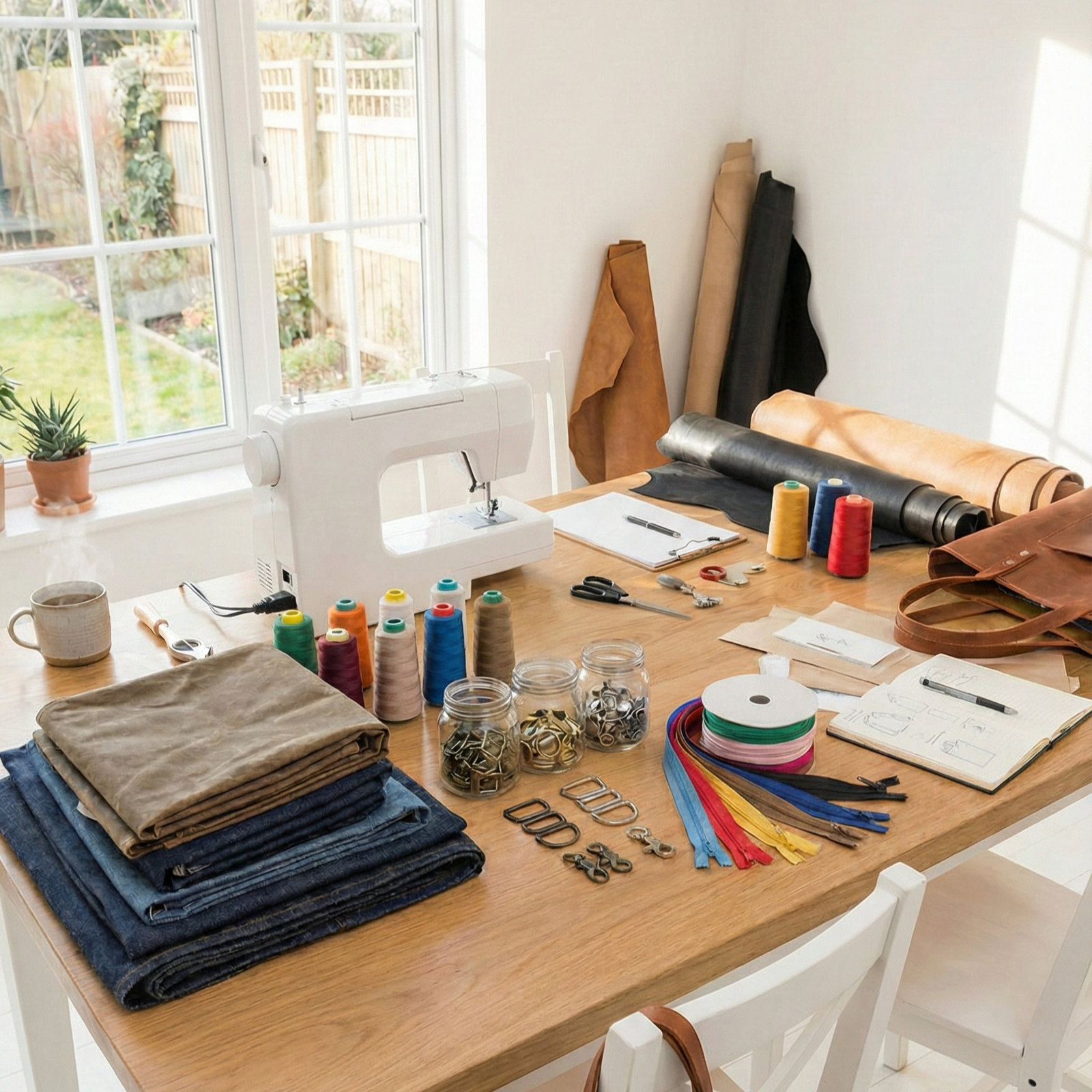 Bagmaking Supplies with Sewing Machine on a Table