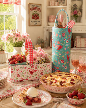 Smitten Chicken fabric basket on a kitchen table with strawberry pie