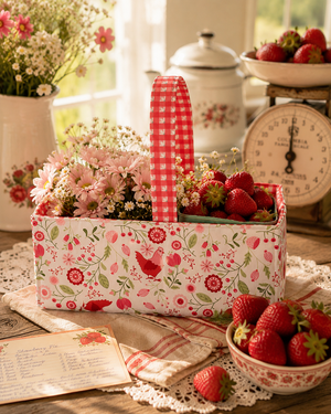 Smitten Chicken fabric basket filled with strawberries and pink flowers