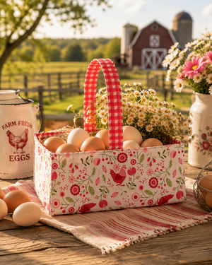 Smitten Chicken fabric basket filled with farm fresh eggs outdoors