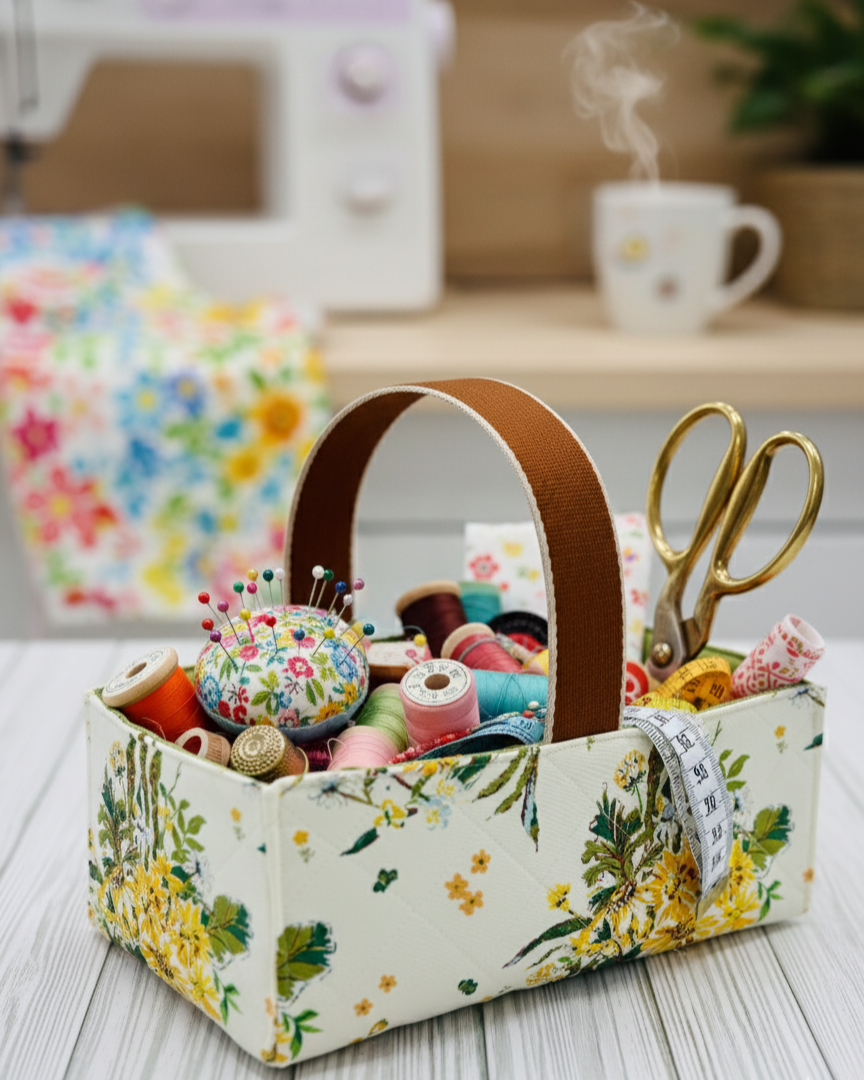 Floral sewing basket with sewing supplies on a table
