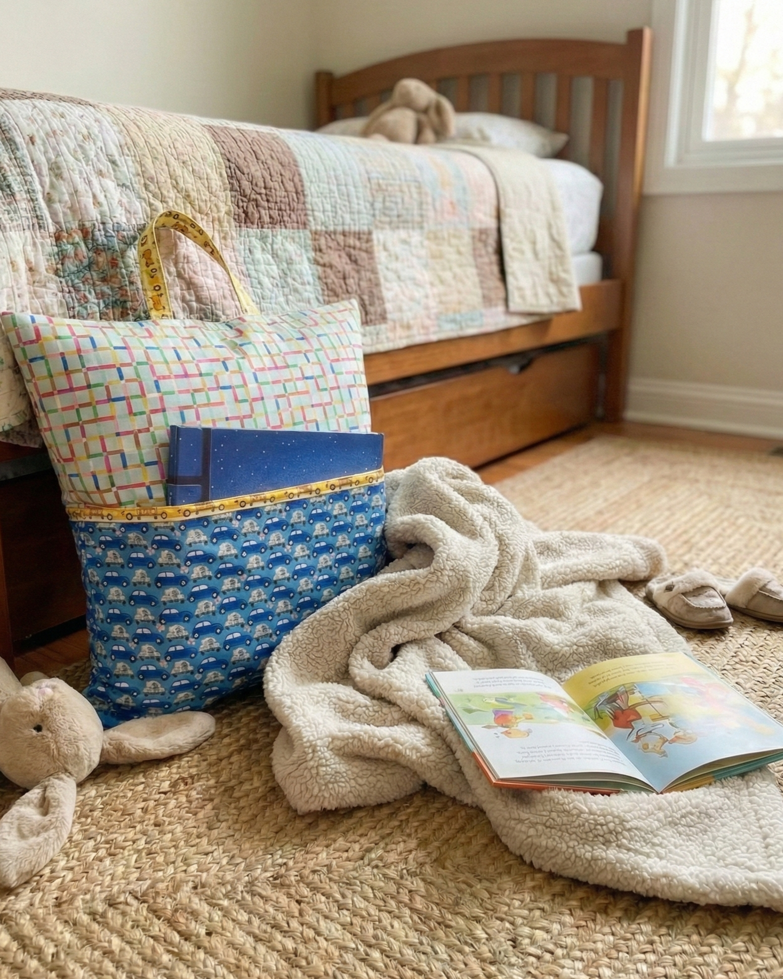Handmade reading pillow cover in teal maze and blue car print leaning against a bed with a cozy blanket and open book
