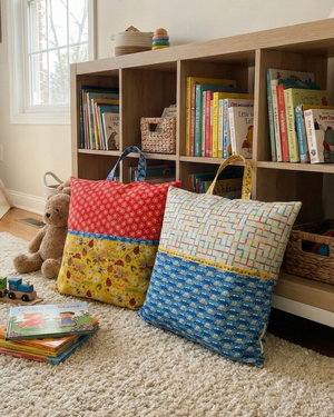 Two handmade reading pillow covers in red floral and teal maze prints in front of a children's bookshelf