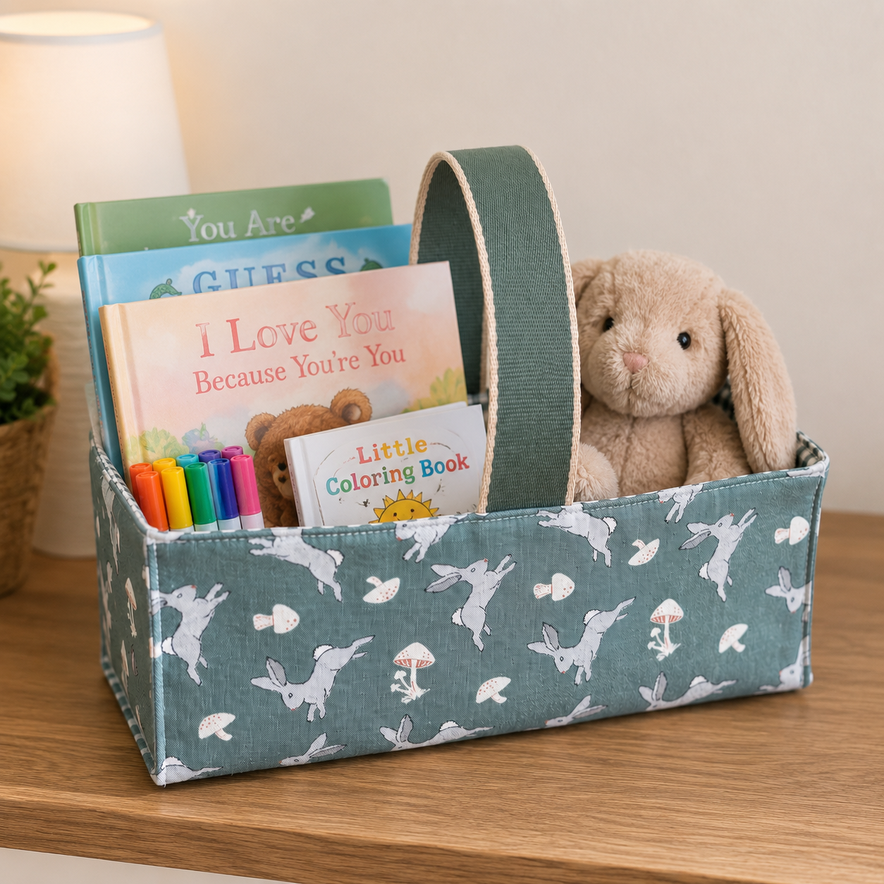 Handmade fabric basket in sage green bunny and mushroom print with sage gingham lining and grosgrain handle