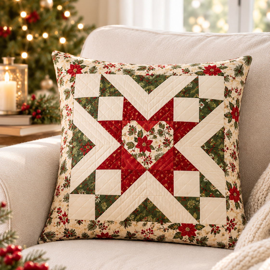 Shining Heart pillow in red, green and cream Christmas prints on an armchair by the tree