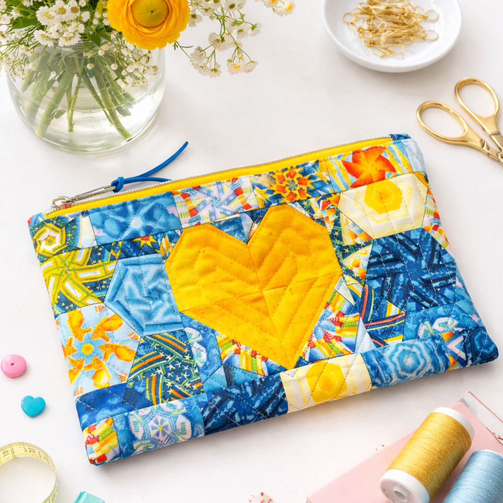 Colorful pouch with a heart design on a table with sewing supplies