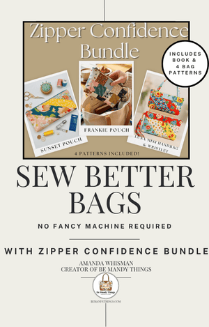 Book cover of 'Sew Better Bags' with zipper Confidence Bundle, featuring images of pouches and text.