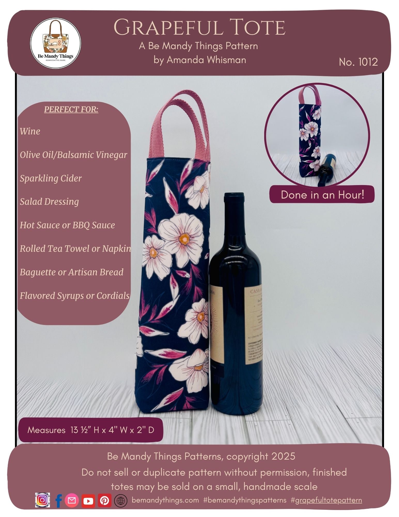 Grapeful Wine Bottle Tote PDF Pattern