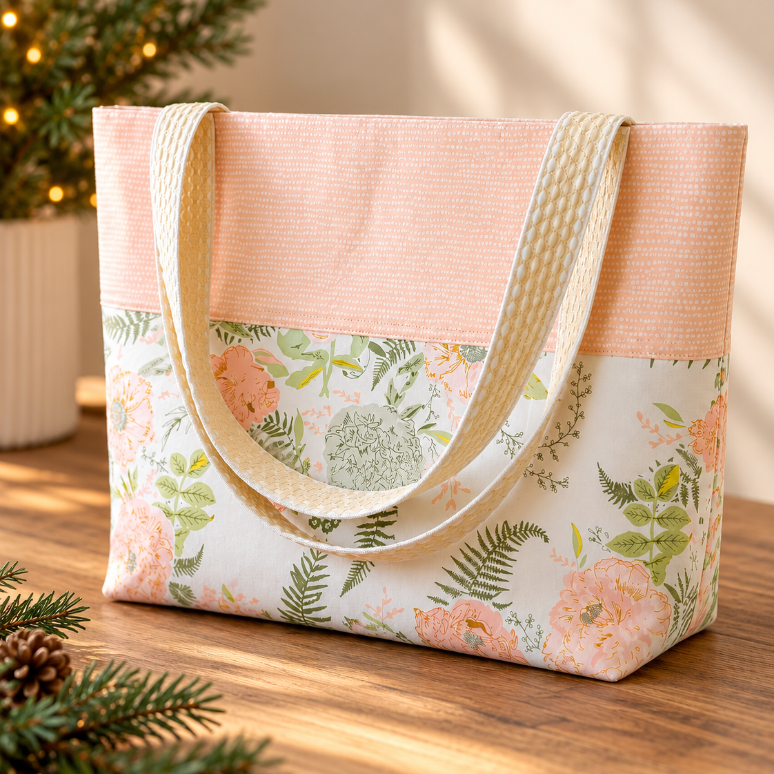 Kathy tote in pink and green floral prints on a wood table with holiday greenery