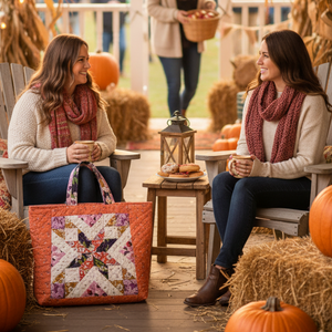 A woman holds a colorful quilted tote bag with a starburst pattern while sitting on a porch with two other women. The scene is decorated for autumn with pumpkins, corn stalks, bales of hay, string lights, and a busy outdoor market in the background.