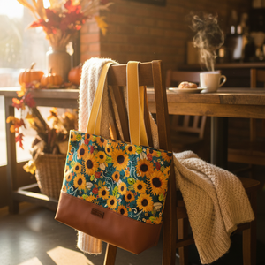 Joanna Tote Bag with Sunflowers and brown faux leather hanging on a chair in a fall themed coffee shop
