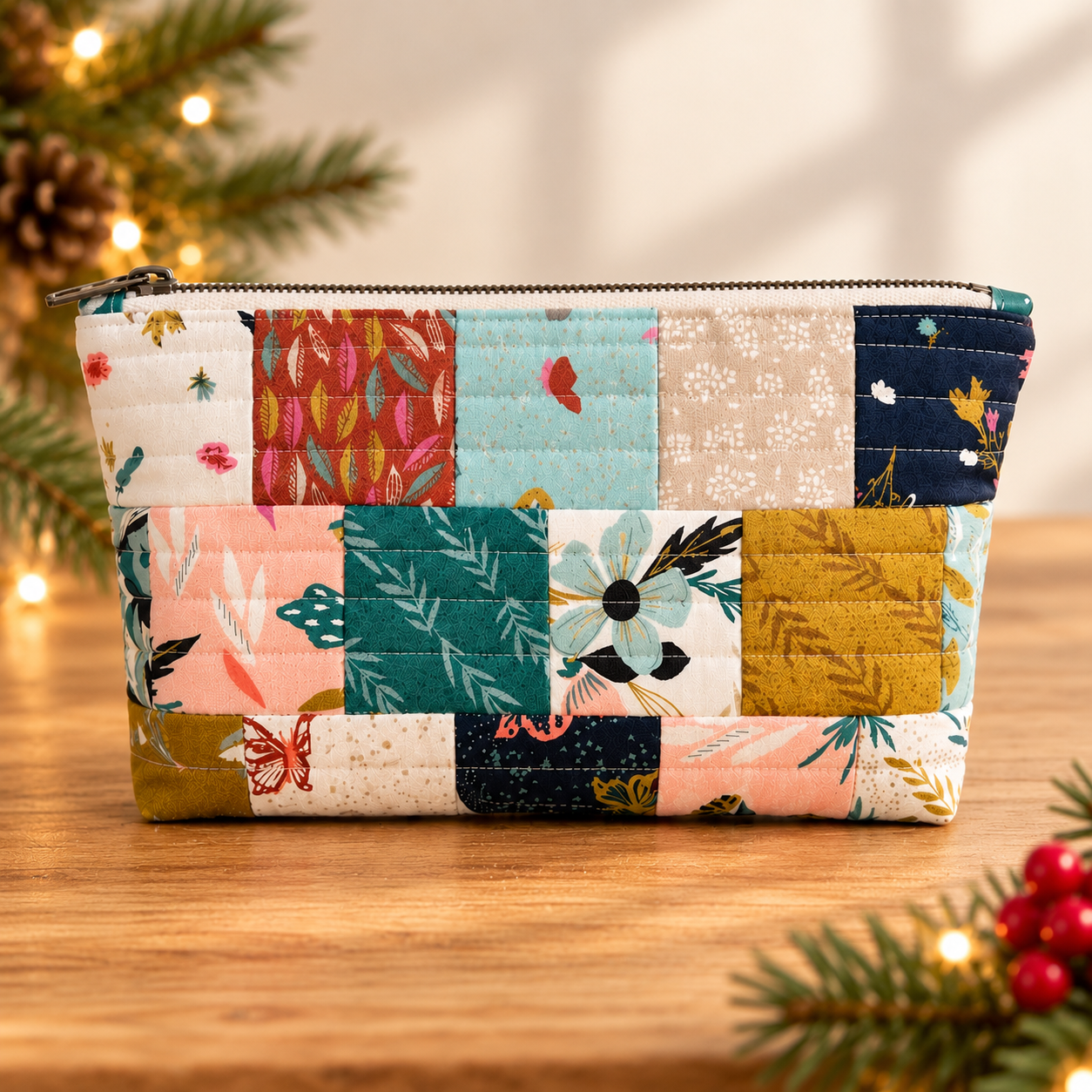Frankie patchwork zipper pouch on a wood table with pine branches and holiday lights