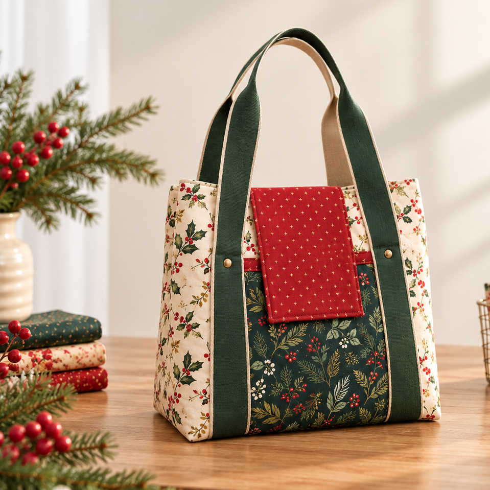 Marg tote in a holly print with a red flap and green handles on a holiday sewing table