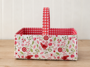 Smitten Chicken fabric basket showing red gingham lining and structured base