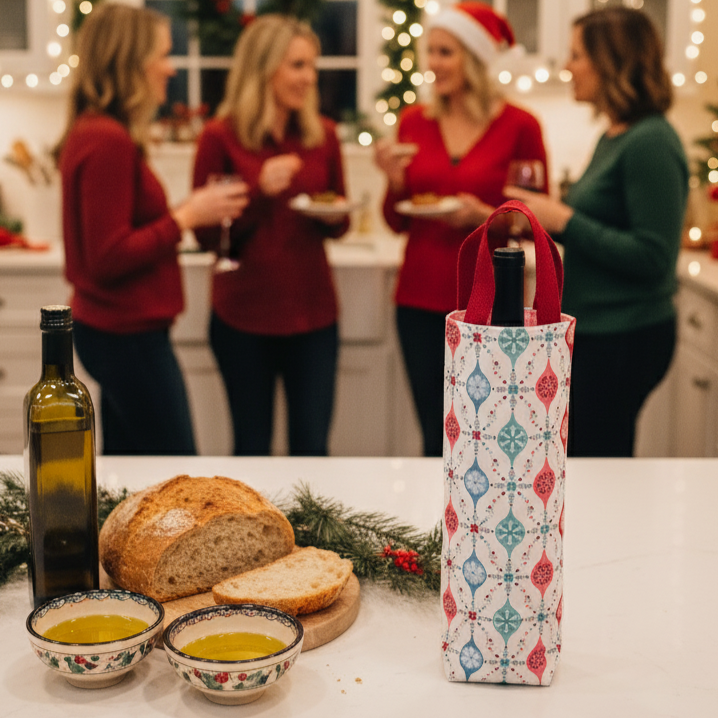 Women at a holiday kitchen party with a Grapeful wine tote and olive oil