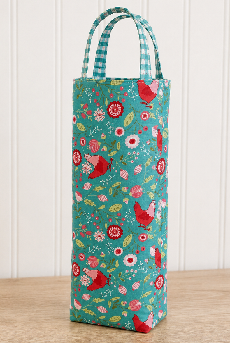 Handmade wine tote in Smitten Chicken teal chicken and floral fabric with gingham handles