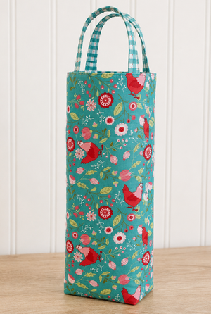 Handmade wine tote in Smitten Chicken teal chicken and floral fabric with gingham handles