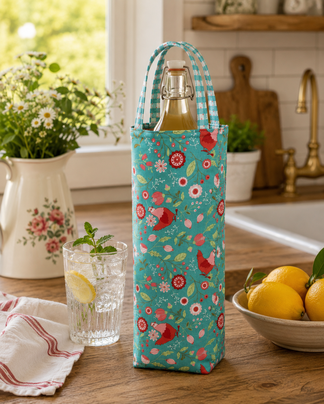 Handmade wine tote in Smitten Chicken teal chicken and floral fabric with gingham handles