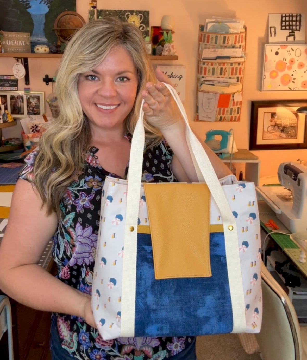 Lakeside Tote front view showing cobalt blue bottom panel and mustard faux leather flap