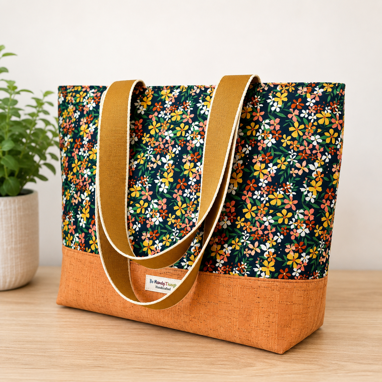 Large Handmade Floral Tote Bag | Cotton & Cork Shoulder Bag