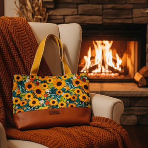 A floral tote bag with yellow handles and a brown base sits on a cream armchair draped with a rust-orange knit blanket in a cozy living room in front of a lit fireplace.
