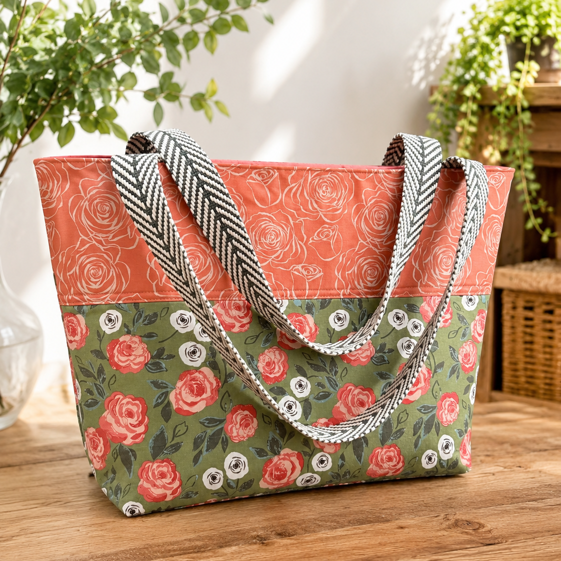 pink and green floral large everyday tote
