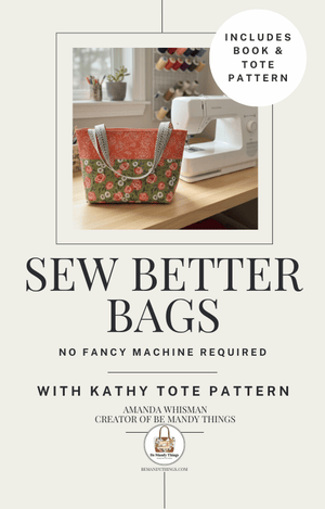 Promotional image for 'Sew Better Bags' with a tote bag and sewing machine in the background.