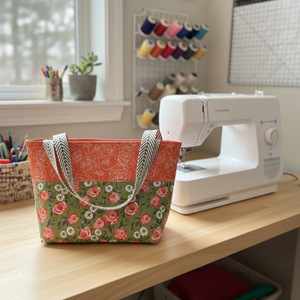 Floral fabric bag on a sewing table with a sewing machine in a craft room.