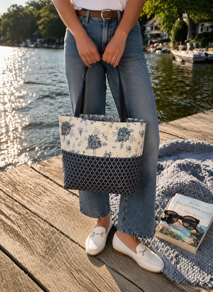 Navy & White Floral Tote Bag