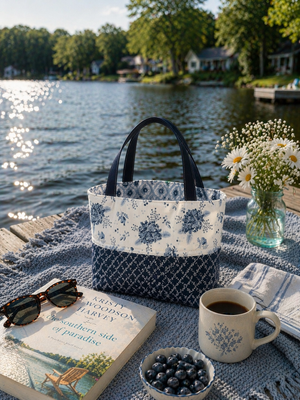 Navy & White Floral Tote Bag