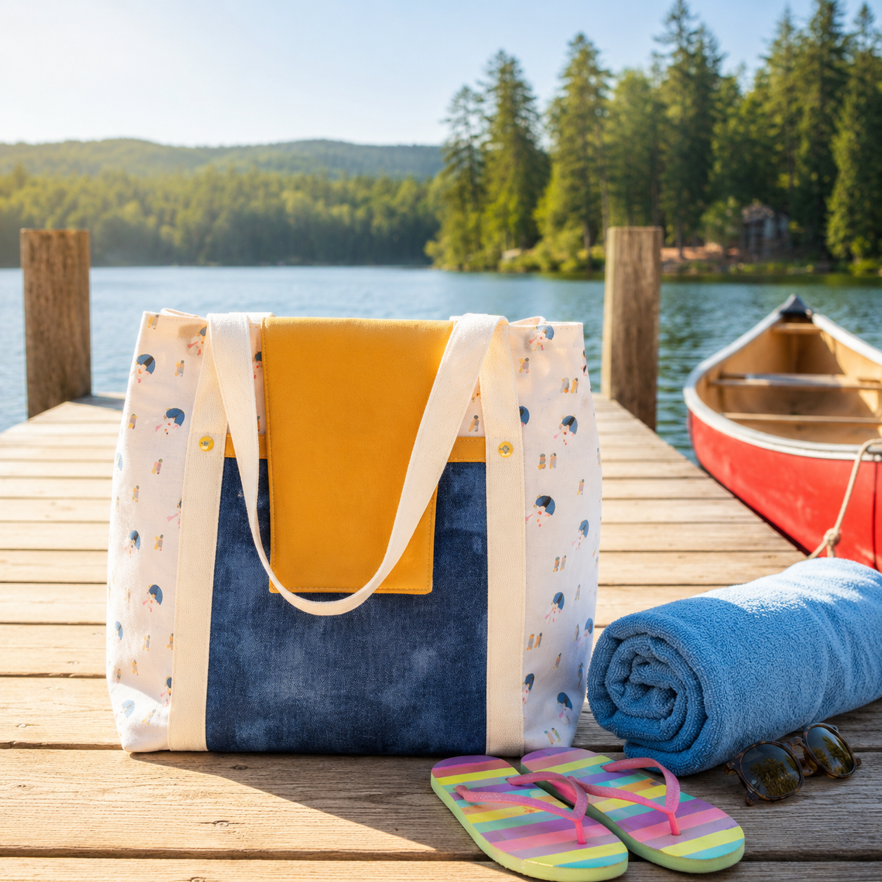 Colorful Marg tote bag with a yellow interior on a wooden dock by a lake with a canoe and rolled towel.