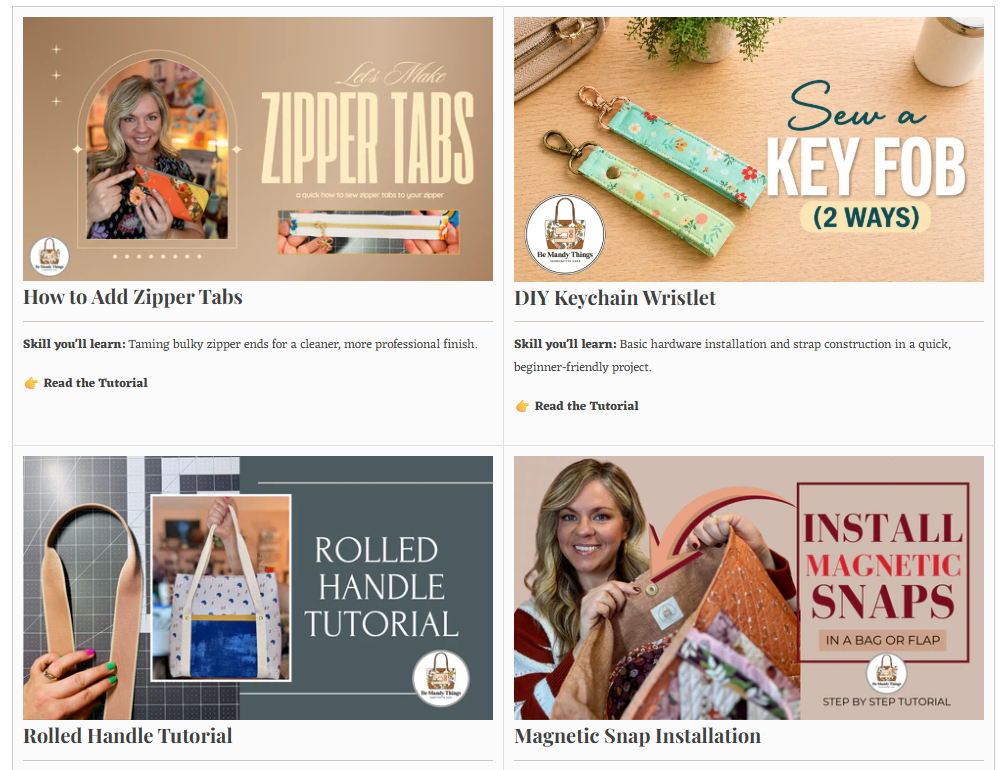 A 2x2 collage of craft tutorial covers for zipper tabs, keychain wristlets, rolled handles, and magnetic snaps, with text titles and small preview photos.