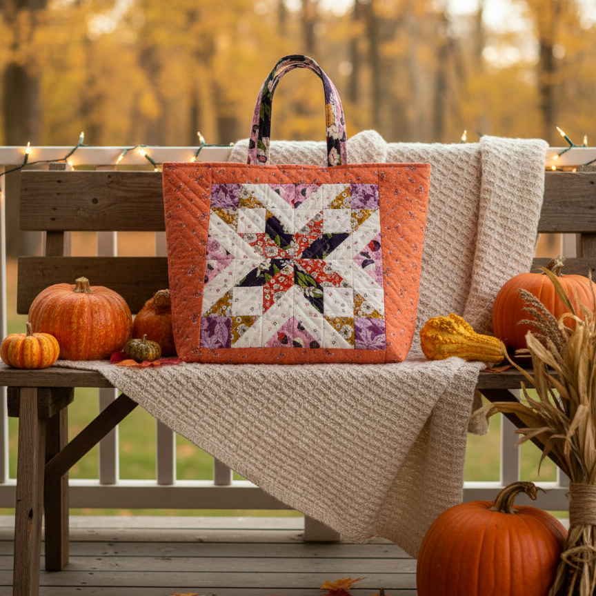 Quilted bag with floral pattern on a wooden bench with pumpkins and autumn leaves.