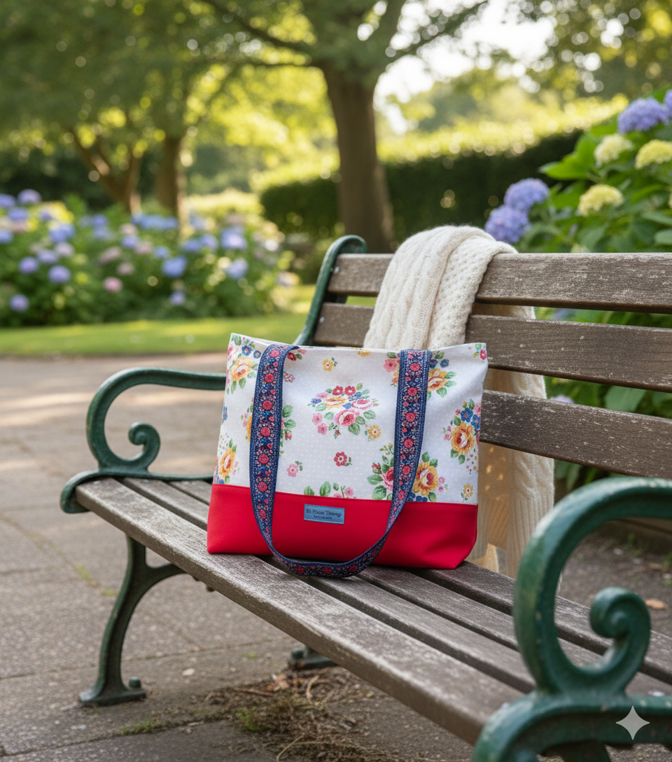 Floral-patterned tote bag with purple accents on a striped towel on sand