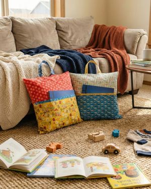 Two handmade reading pillow covers in red floral and teal maze prints on a living room floor with open books and toys