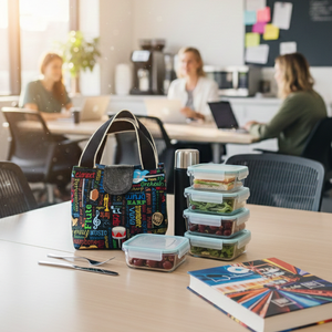 Colorful lunch bag and containers on a table with people working in the background