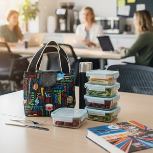 Colorful lunch bag and containers on a table with people working in the background