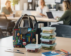 Colorful lunch bag and containers on a table with people working in the background