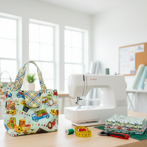 Sewing machine on a table with fabric and tools, next to a colorful handbag.