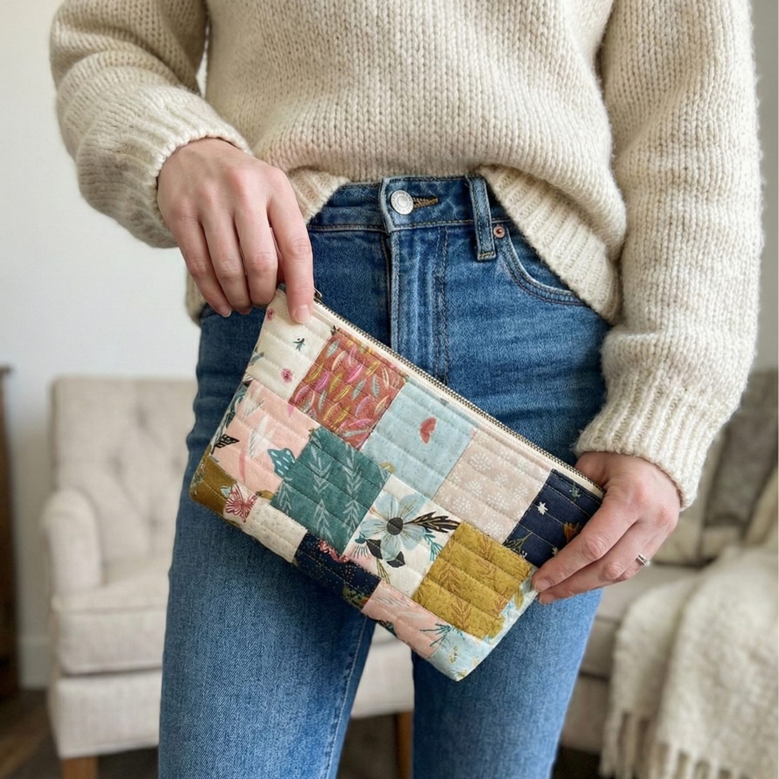 Person holding a patchwork clutch bag in a casual setting