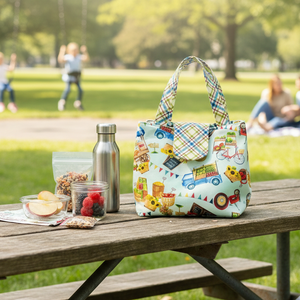 Colorful patterned bag on a wooden picnic table with a park background