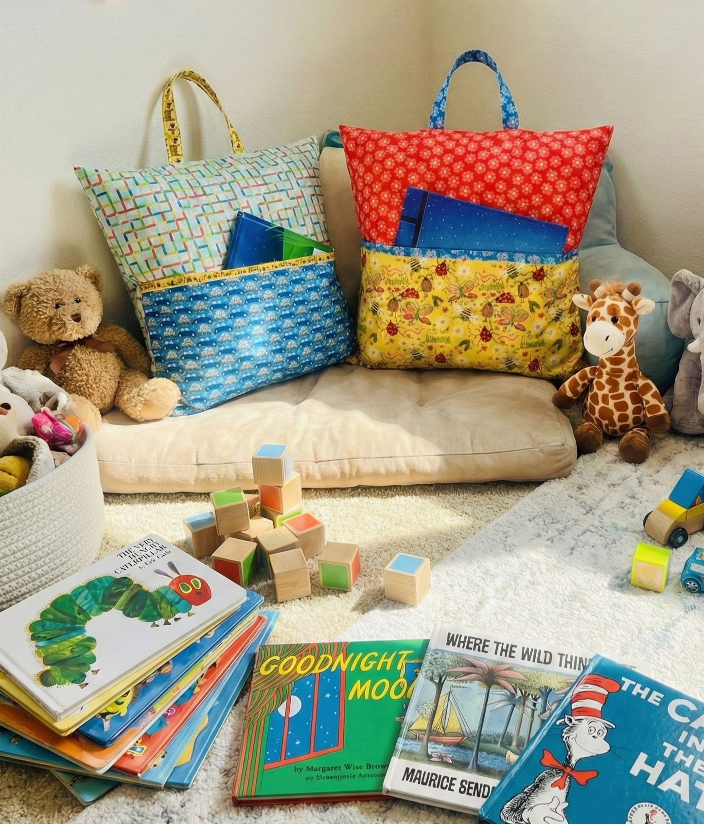 Handmade reading pillow cover in teal maze and blue car print leaning against a bed with a cozy blanket and open book