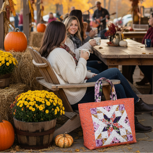 A woman sits in a wooden chair at an outdoor autumn gathering under a covered pavilion, holding a mug. A colorful quilted tote bag with floral and geometric patchwork patterns rests on the chair beside her.