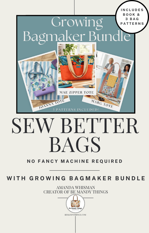 Promotional graphic for the Growing Bagmaker Bundle book and pattern set, featuring the title 'SEW BETTER BAGS' and photos of various tote bags. A badge in the top right says it includes the book and 3 bag patterns.